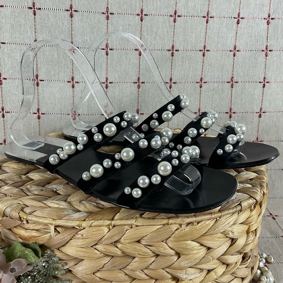 LEITH “Stunner” Black Velvet & Pearl Slide Sandals Womens Sz 10 PreLoved Beauty - Picture 2 of 5